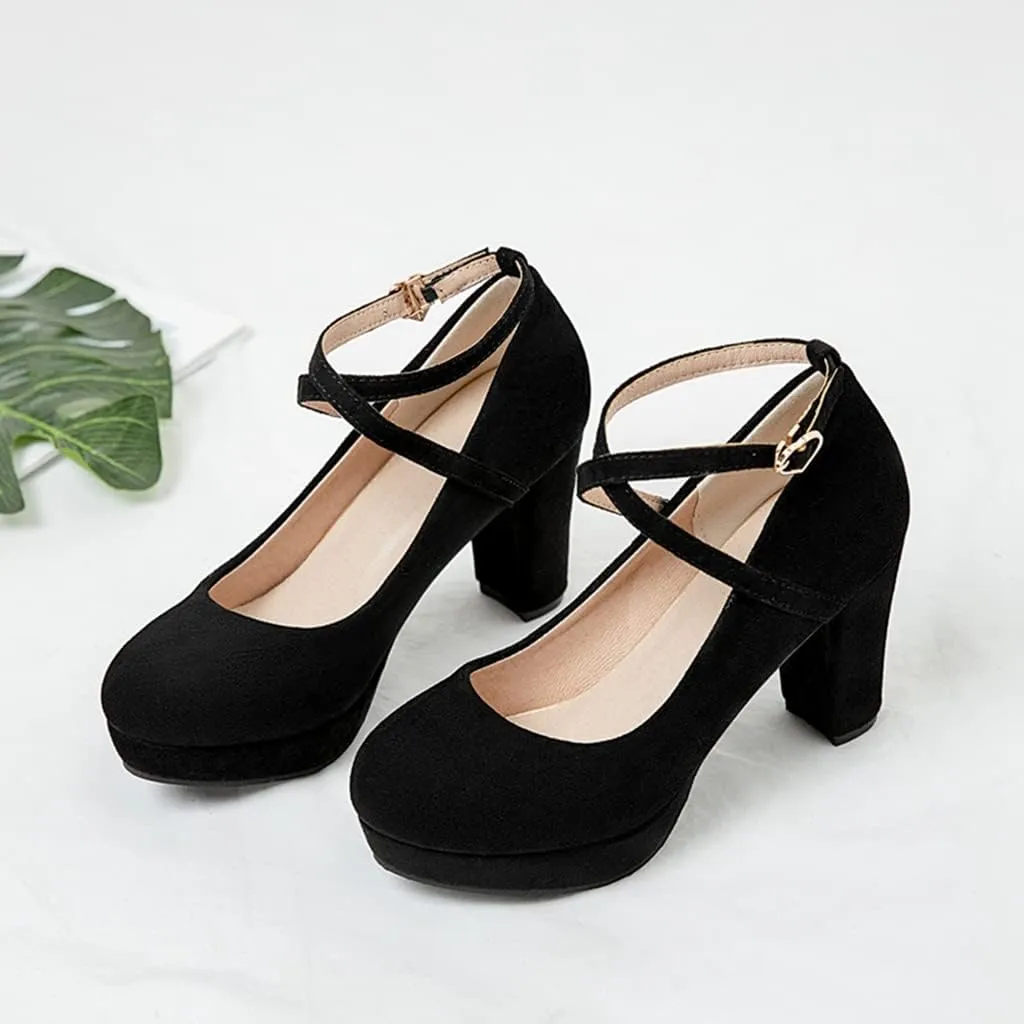 MIOKE Women's Square Toe Chunky High Block Heel Pumps Suede Buckle Strap Comfort Mary Jane Dress Shoes