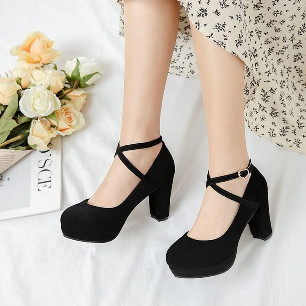 MIOKE Women's Square Toe Chunky High Block Heel Pumps Suede Buckle Strap Comfort Mary Jane Dress Shoes