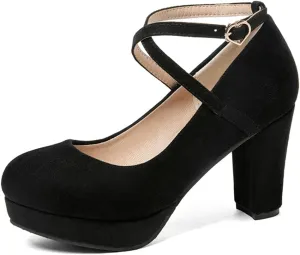 MIOKE Women's Square Toe Chunky High Block Heel Pumps Suede Buckle Strap Comfort Mary Jane Dress Shoes