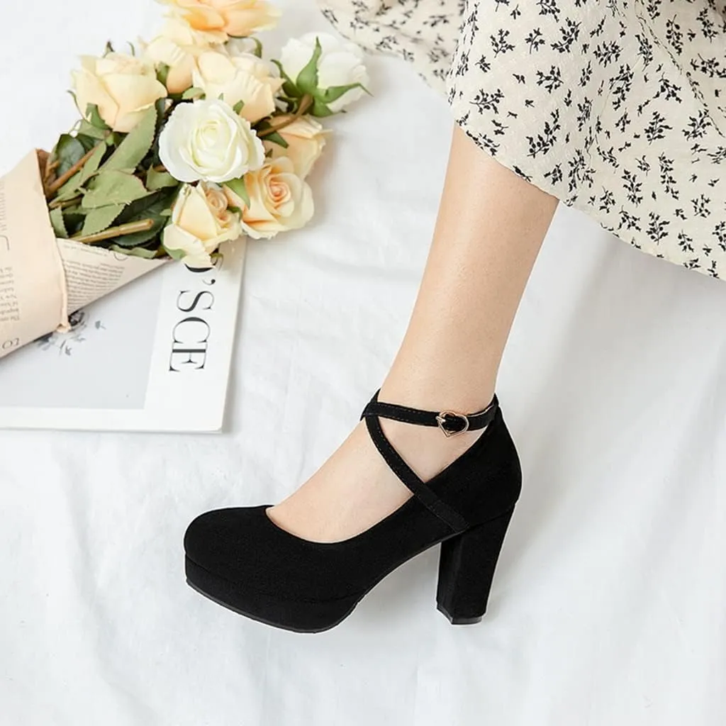 MIOKE Women's Square Toe Chunky High Block Heel Pumps Suede Buckle Strap Comfort Mary Jane Dress Shoes