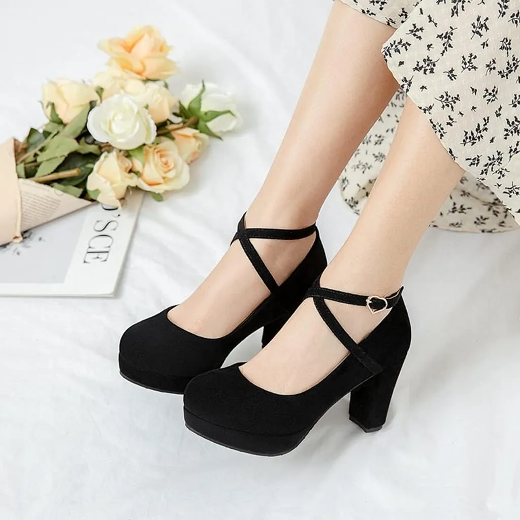 MIOKE Women's Square Toe Chunky High Block Heel Pumps Suede Buckle Strap Comfort Mary Jane Dress Shoes