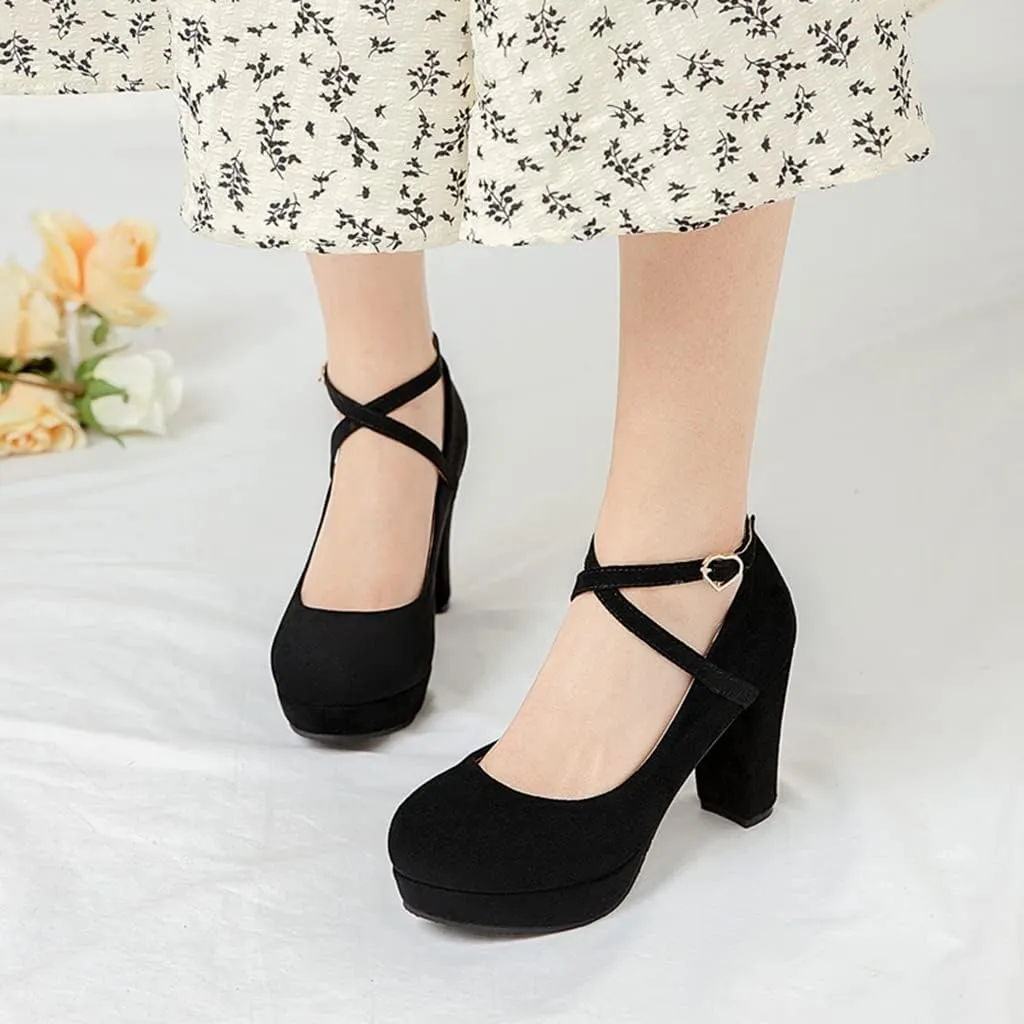 MIOKE Women's Square Toe Chunky High Block Heel Pumps Suede Buckle Strap Comfort Mary Jane Dress Shoes