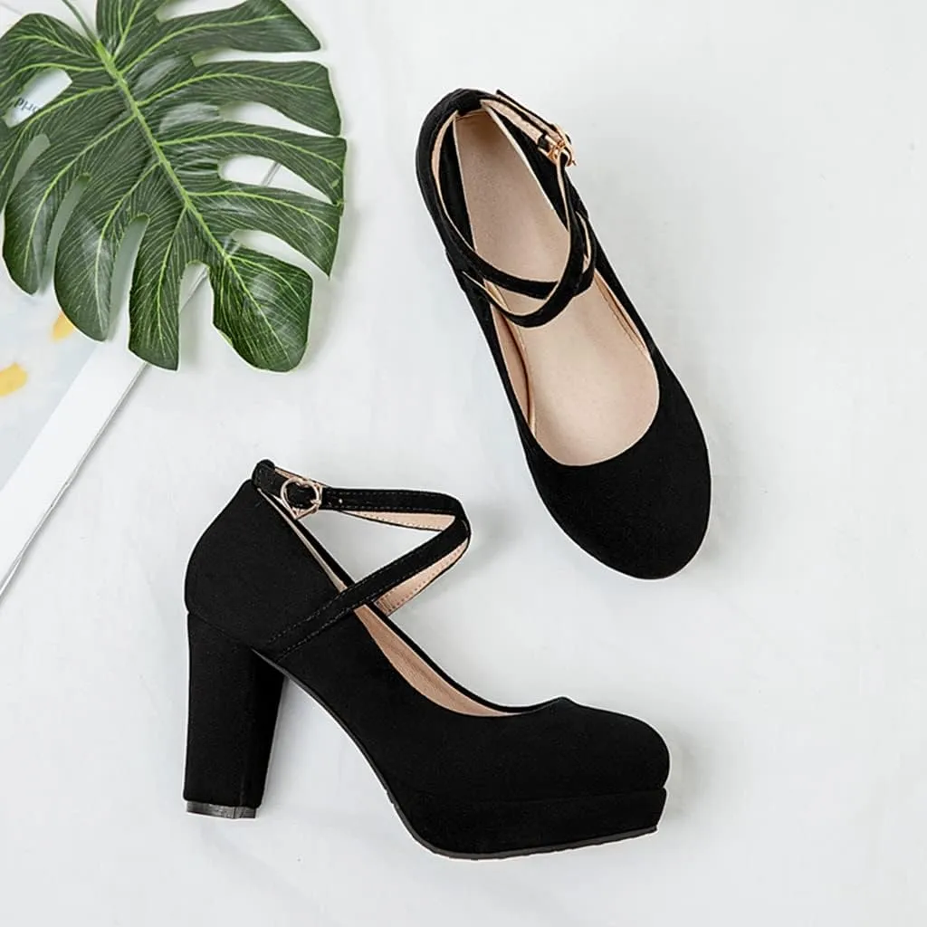 MIOKE Women's Square Toe Chunky High Block Heel Pumps Suede Buckle Strap Comfort Mary Jane Dress Shoes