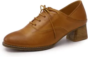 Mona flying Women's Leather Mid Chunky Heel Oxfords Lace up Dress Pumps Shoes for Ladies