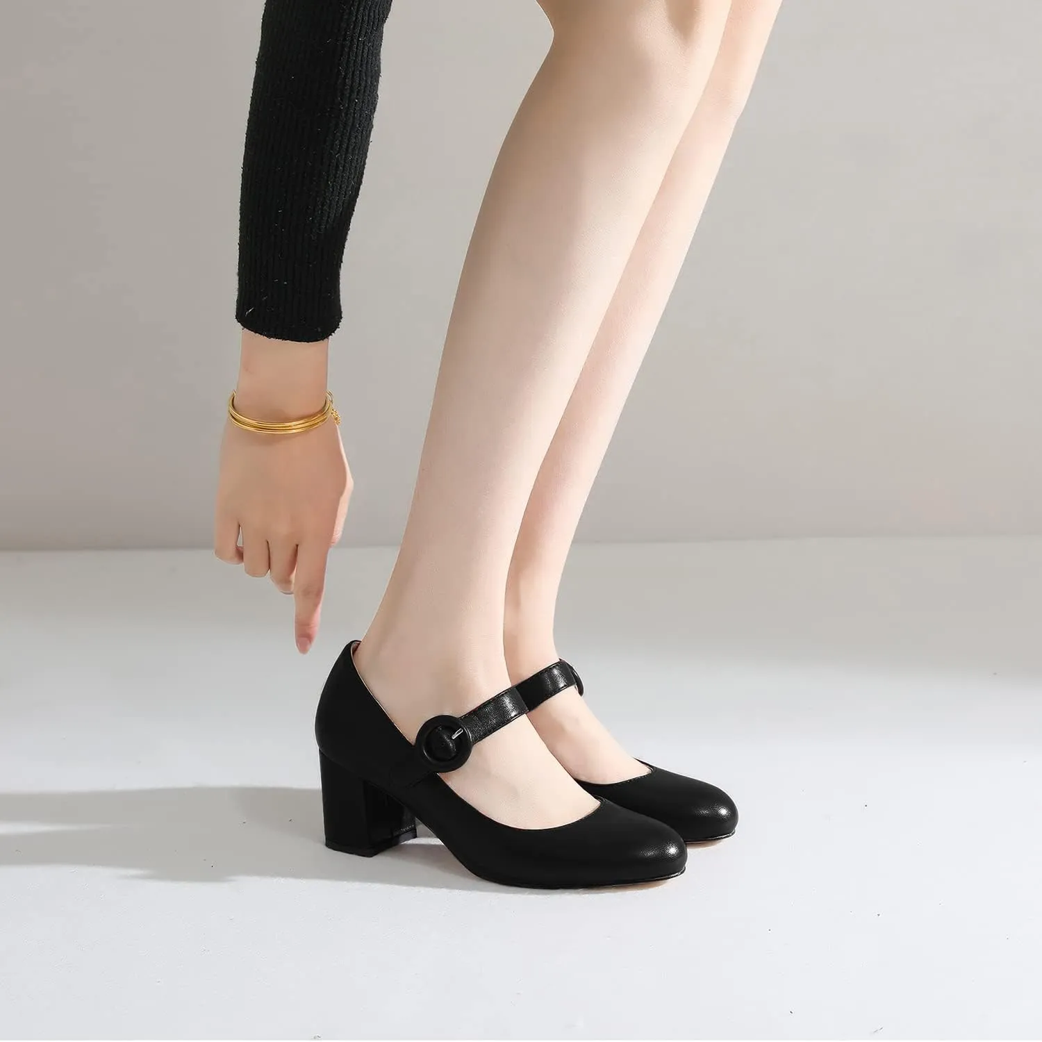 MOOMMO Women Classic Mary Jane Heels Pumps Shoes Ankle Strap Closed Round Toe Dress Sandals Chunky Block Heels Comfort Wedding Party Evening Pump Mid Heel Basic Office Work Shoes Elegant 4-11 M US