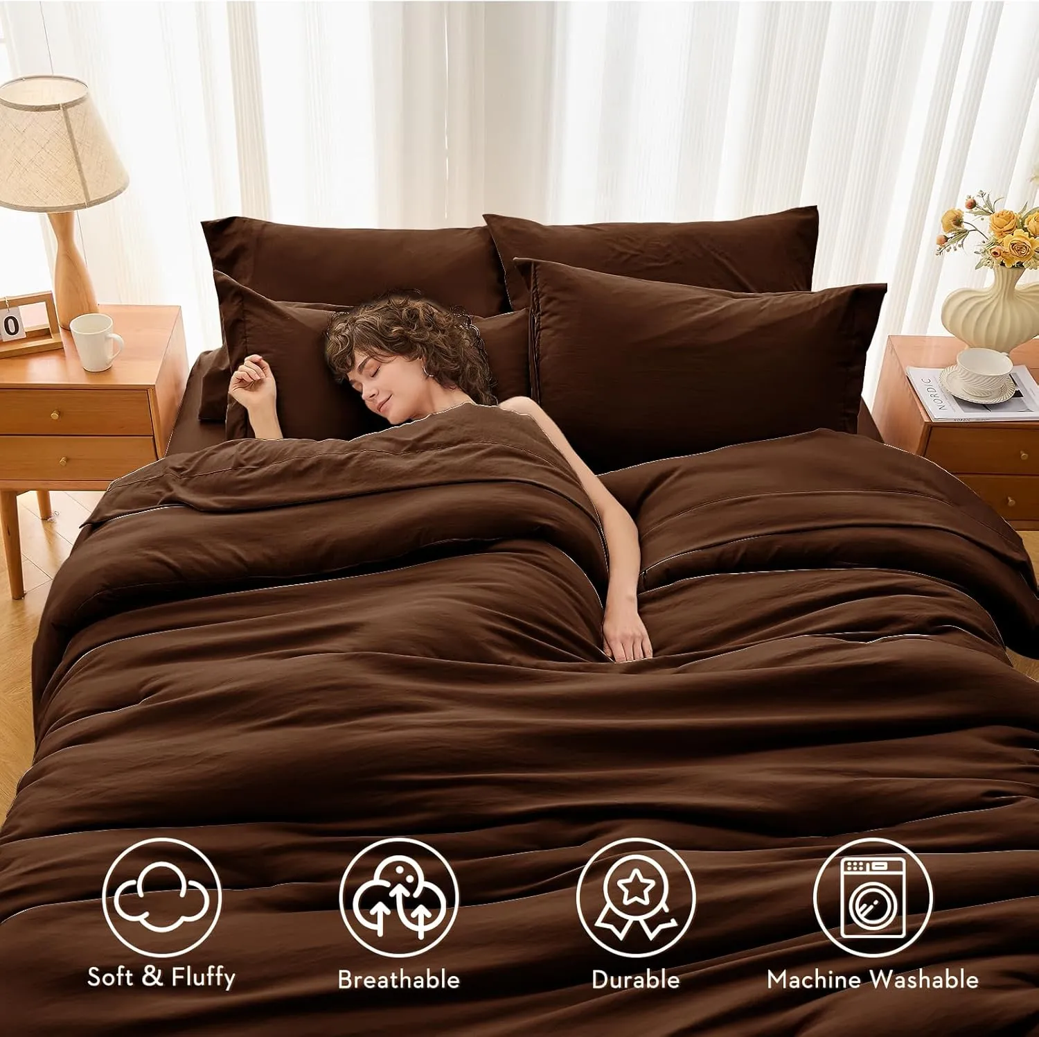 MUXHOMO 7 Pieces Queen Comforter Set, Soft Bed in a Bag Queen Size, All Season Bedding Set with Comforter, Flat Sheet, Fitted Sheet, Pillowcases & Shams, Brown