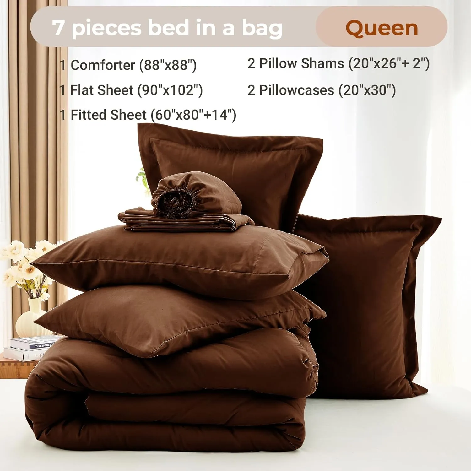 MUXHOMO 7 Pieces Queen Comforter Set, Soft Bed in a Bag Queen Size, All Season Bedding Set with Comforter, Flat Sheet, Fitted Sheet, Pillowcases & Shams, Brown