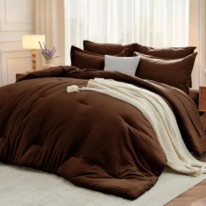 MUXHOMO 7 Pieces Queen Comforter Set, Soft Bed in a Bag Queen Size, All Season Bedding Set with Comforter, Flat Sheet, Fitted Sheet, Pillowcases & Shams, Brown