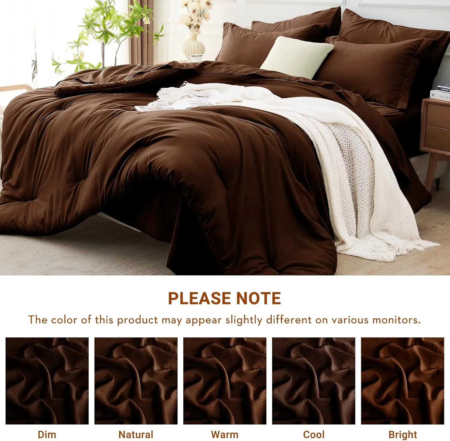 MUXHOMO 7 Pieces Queen Comforter Set, Soft Bed in a Bag Queen Size, All Season Bedding Set with Comforter, Flat Sheet, Fitted Sheet, Pillowcases & Shams, Brown
