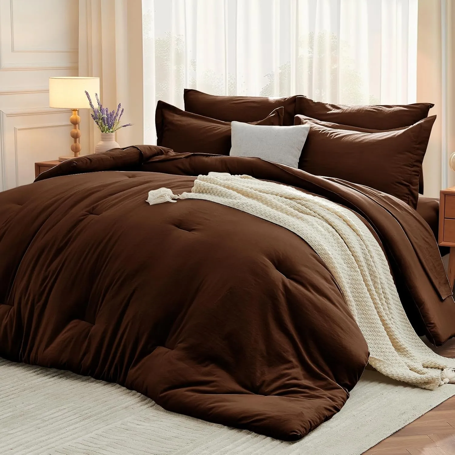 MUXHOMO 7 Pieces Queen Comforter Set, Soft Bed in a Bag Queen Size, All Season Bedding Set with Comforter, Flat Sheet, Fitted Sheet, Pillowcases & Shams, Brown