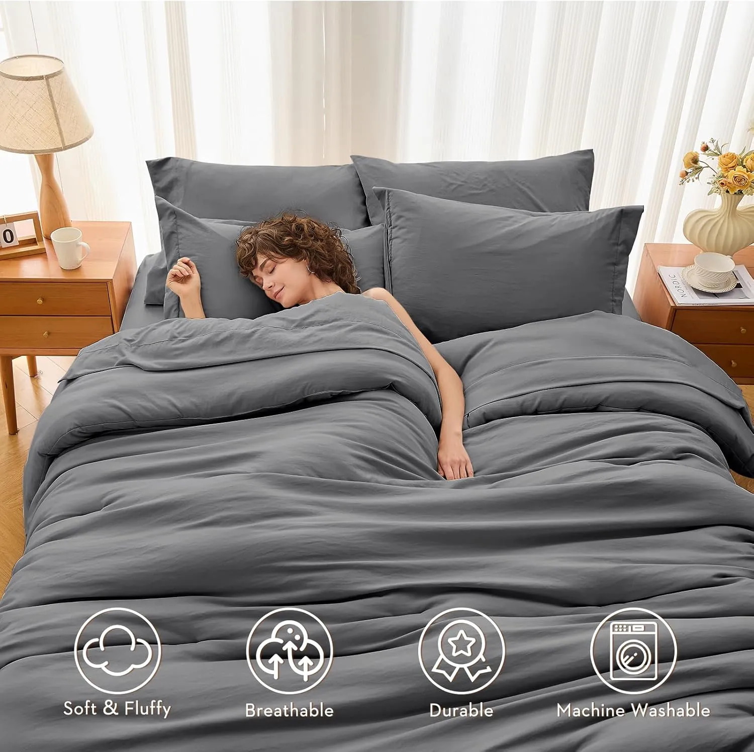 MUXHOMO 7 Pieces Queen Comforter Set, Soft Bed in a Bag Queen Size, All Season Bedding Set with Comforter, Flat Sheet, Fitted Sheet, Pillowcases & Shams, Dark Grey