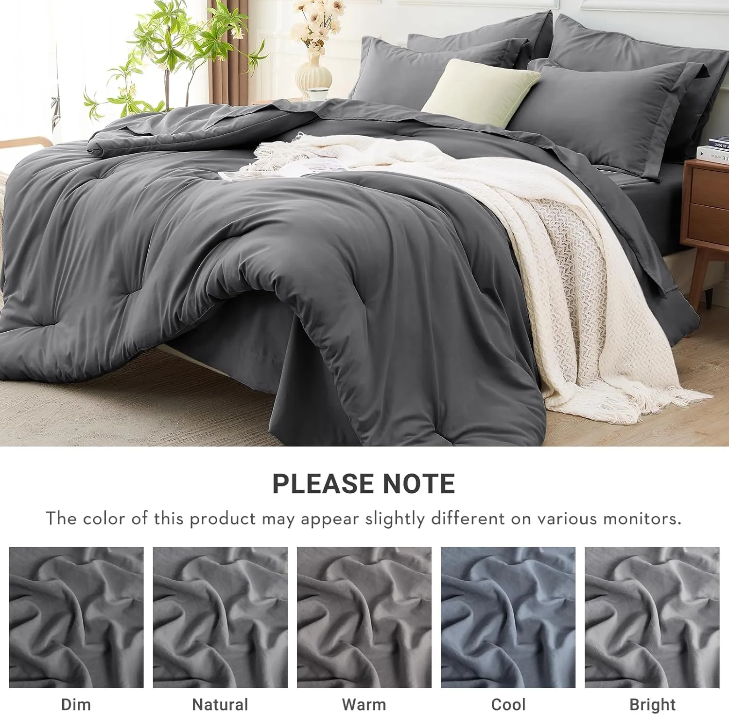 MUXHOMO 7 Pieces Queen Comforter Set, Soft Bed in a Bag Queen Size, All Season Bedding Set with Comforter, Flat Sheet, Fitted Sheet, Pillowcases & Shams, Dark Grey