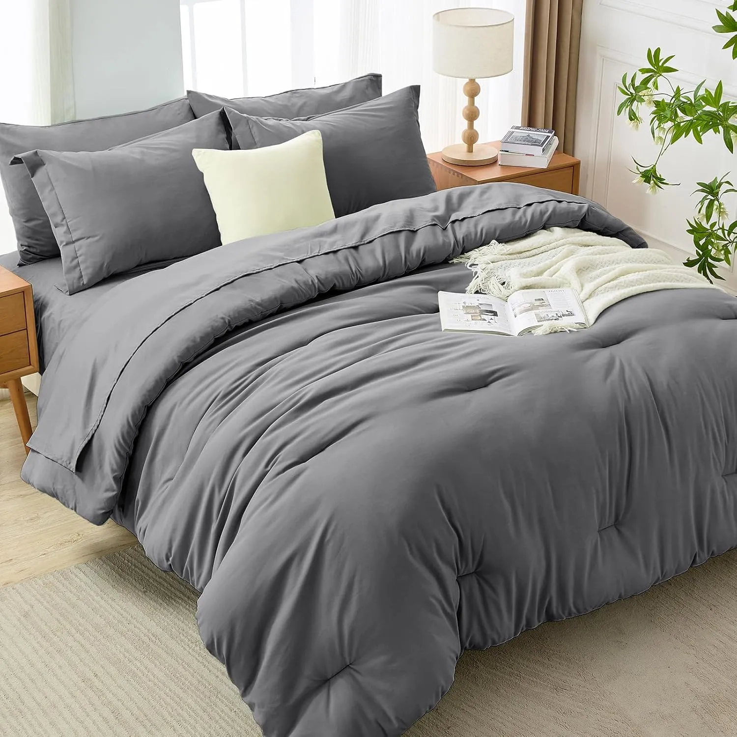 MUXHOMO 7 Pieces Queen Comforter Set, Soft Bed in a Bag Queen Size, All Season Bedding Set with Comforter, Flat Sheet, Fitted Sheet, Pillowcases & Shams, Dark Grey