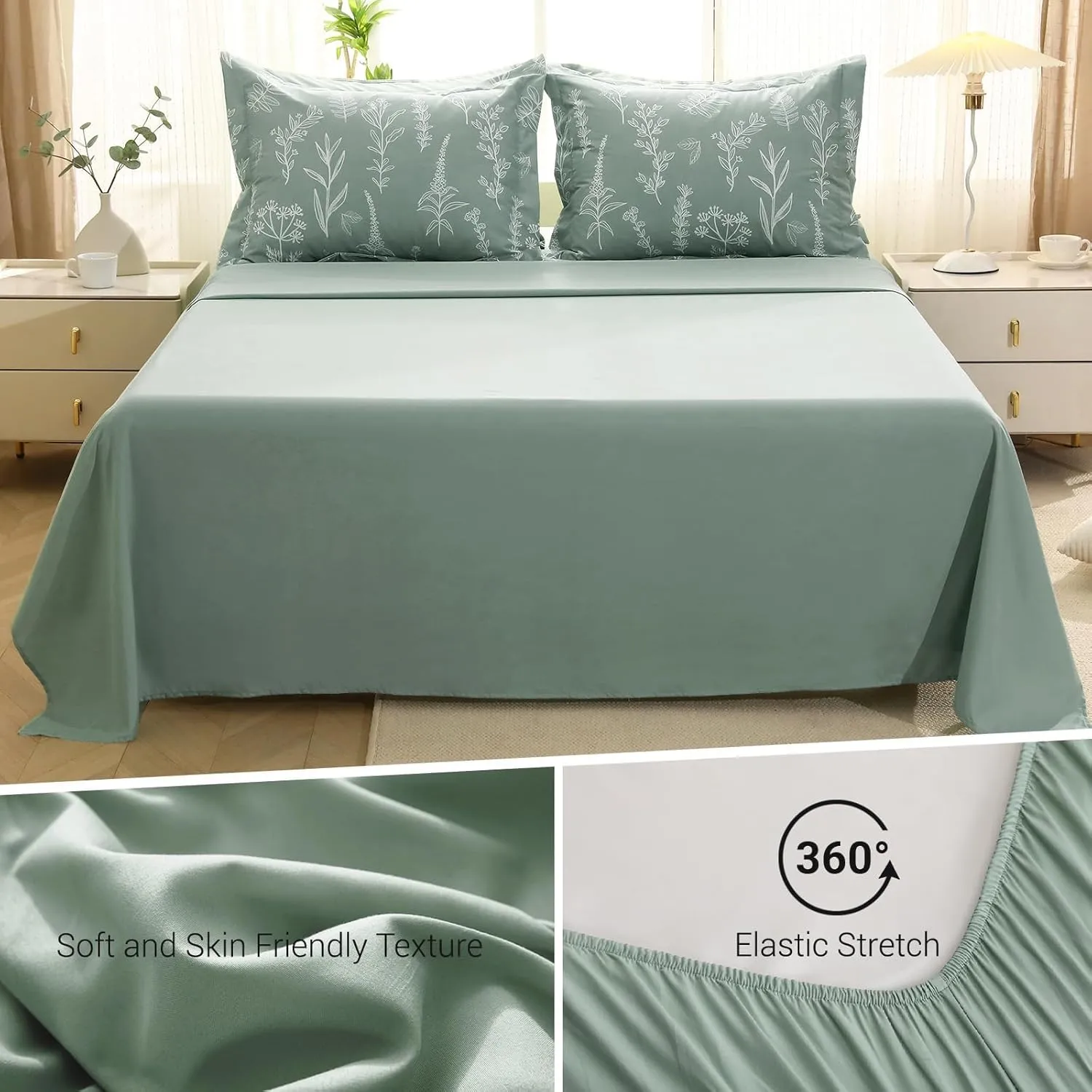 MUXHOMO Bed in a Bag Queen 7 Pieces, Sage Green Queen Comforter Set Reversible Botanical Flowers Design, Ultra Soft & Breathable Bedding Sets with Comforter, Sheets, Pillowcases & Shams