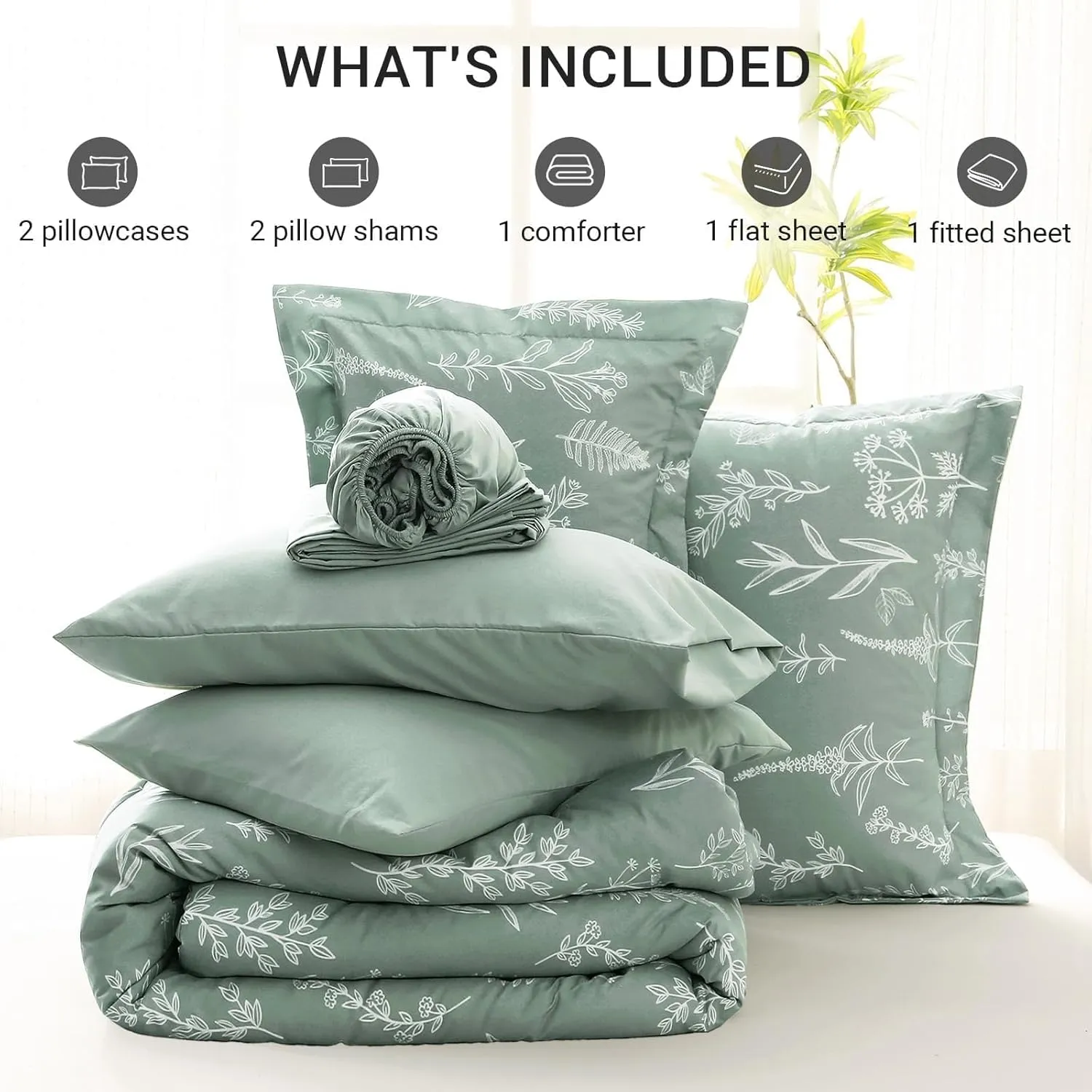 MUXHOMO Bed in a Bag Queen 7 Pieces, Sage Green Queen Comforter Set Reversible Botanical Flowers Design, Ultra Soft & Breathable Bedding Sets with Comforter, Sheets, Pillowcases & Shams