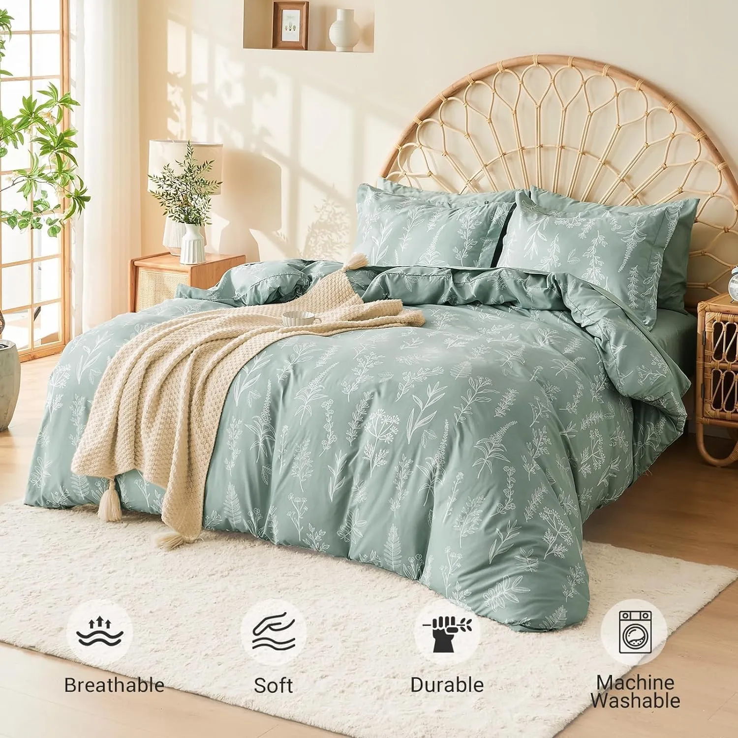 MUXHOMO Bed in a Bag Queen 7 Pieces, Sage Green Queen Comforter Set Reversible Botanical Flowers Design, Ultra Soft & Breathable Bedding Sets with Comforter, Sheets, Pillowcases & Shams