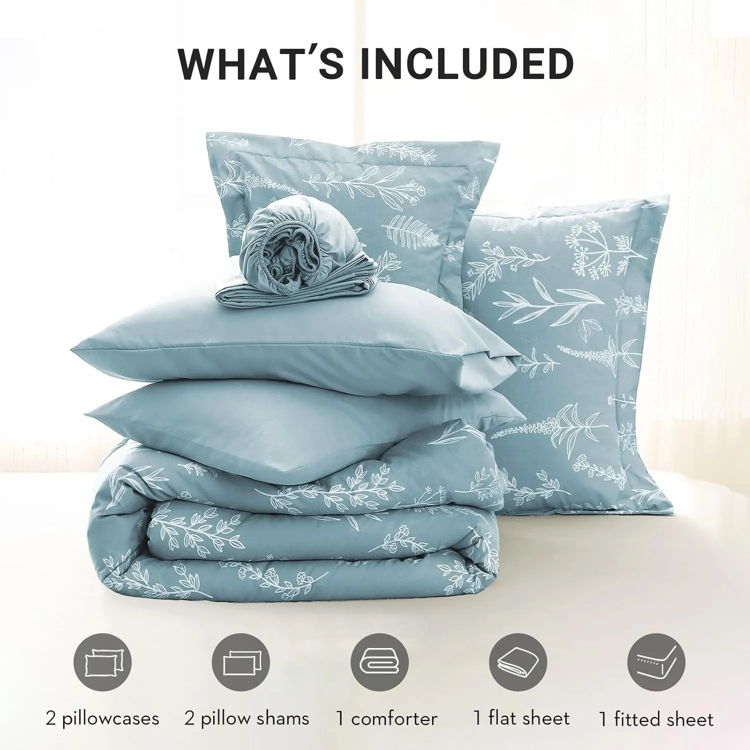 MUXHOMO Mineral Blue Full Comforter Set, Elegant Floral Print Bed in a Bag 7 Pieces, Ultra Soft & Breathable Reversible Botanical Pattern Bedding Set with Comforter, Sheets, Pillowcases, and Shams