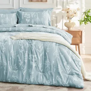 MUXHOMO Mineral Blue Full Comforter Set, Elegant Floral Print Bed in a Bag 7 Pieces, Ultra Soft & Breathable Reversible Botanical Pattern Bedding Set with Comforter, Sheets, Pillowcases, and Shams