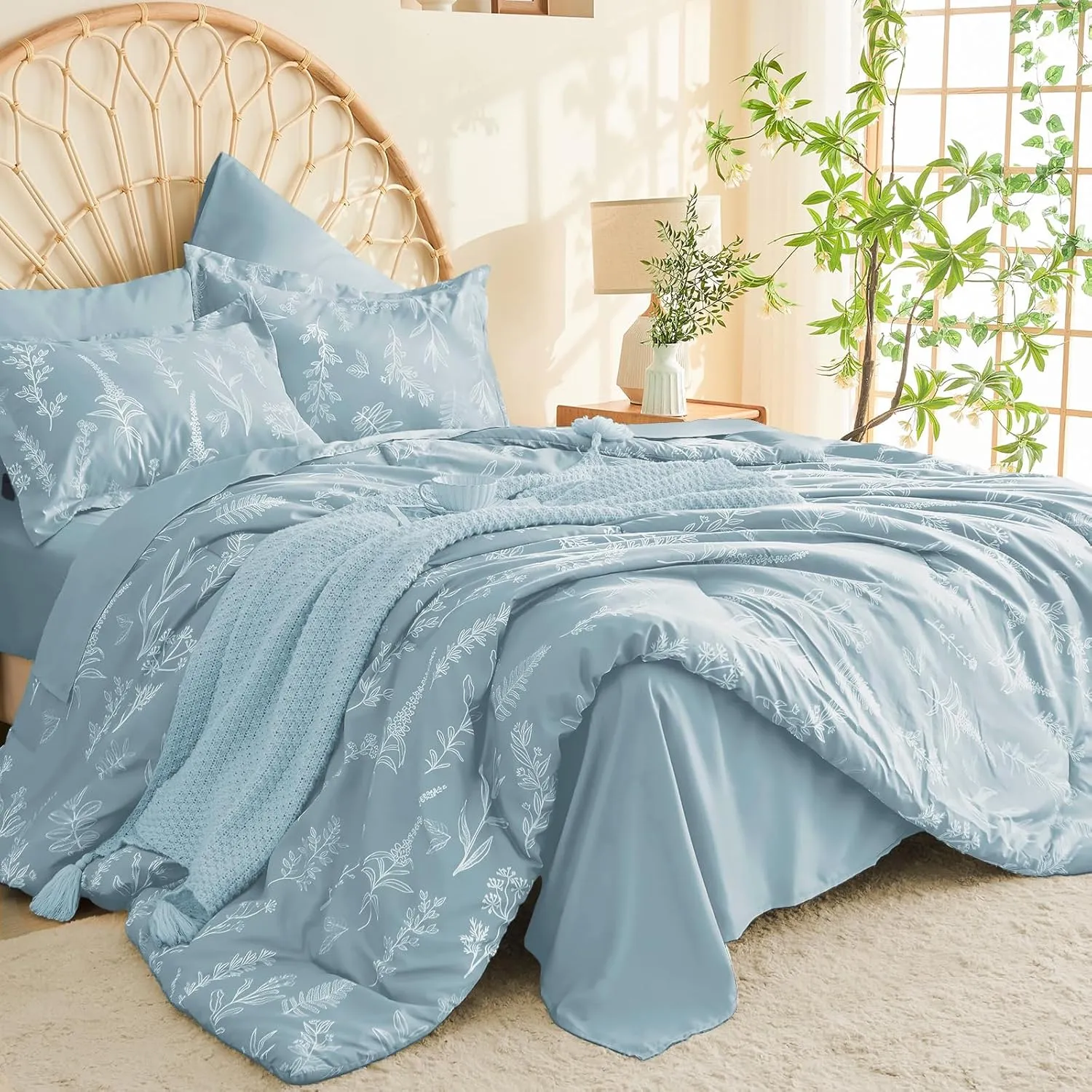 MUXHOMO Mineral Blue Full Comforter Set, Elegant Floral Print Bed in a Bag 7 Pieces, Ultra Soft & Breathable Reversible Botanical Pattern Bedding Set with Comforter, Sheets, Pillowcases, and Shams