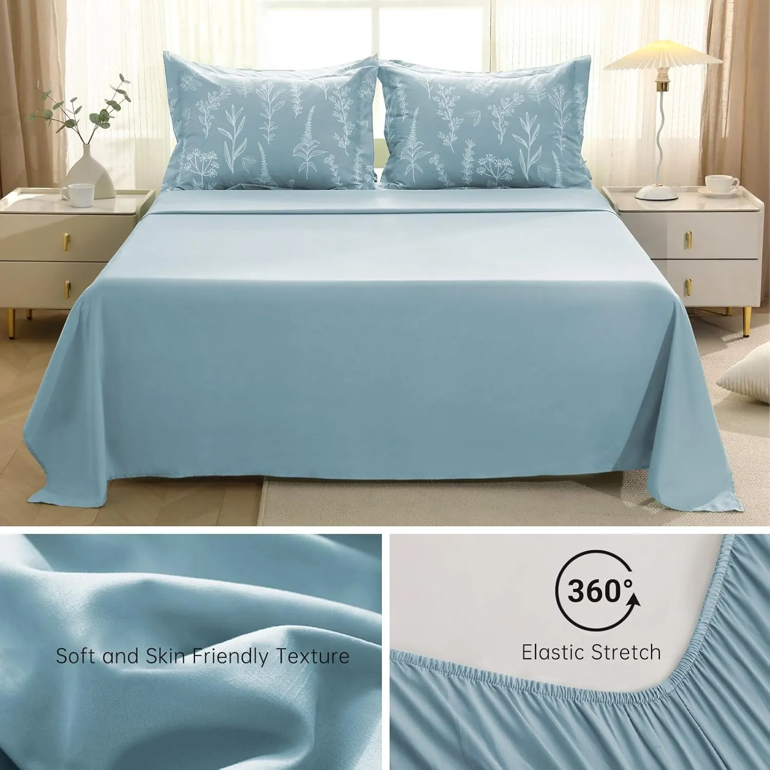 MUXHOMO Mineral Blue Full Comforter Set, Elegant Floral Print Bed in a Bag 7 Pieces, Ultra Soft & Breathable Reversible Botanical Pattern Bedding Set with Comforter, Sheets, Pillowcases, and Shams