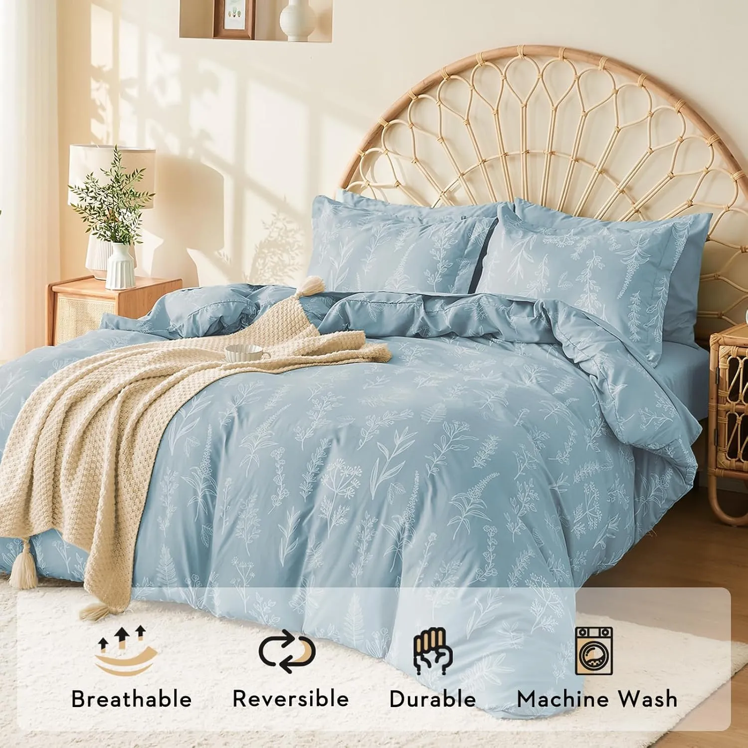 MUXHOMO Mineral Blue Full Comforter Set, Elegant Floral Print Bed in a Bag 7 Pieces, Ultra Soft & Breathable Reversible Botanical Pattern Bedding Set with Comforter, Sheets, Pillowcases, and Shams