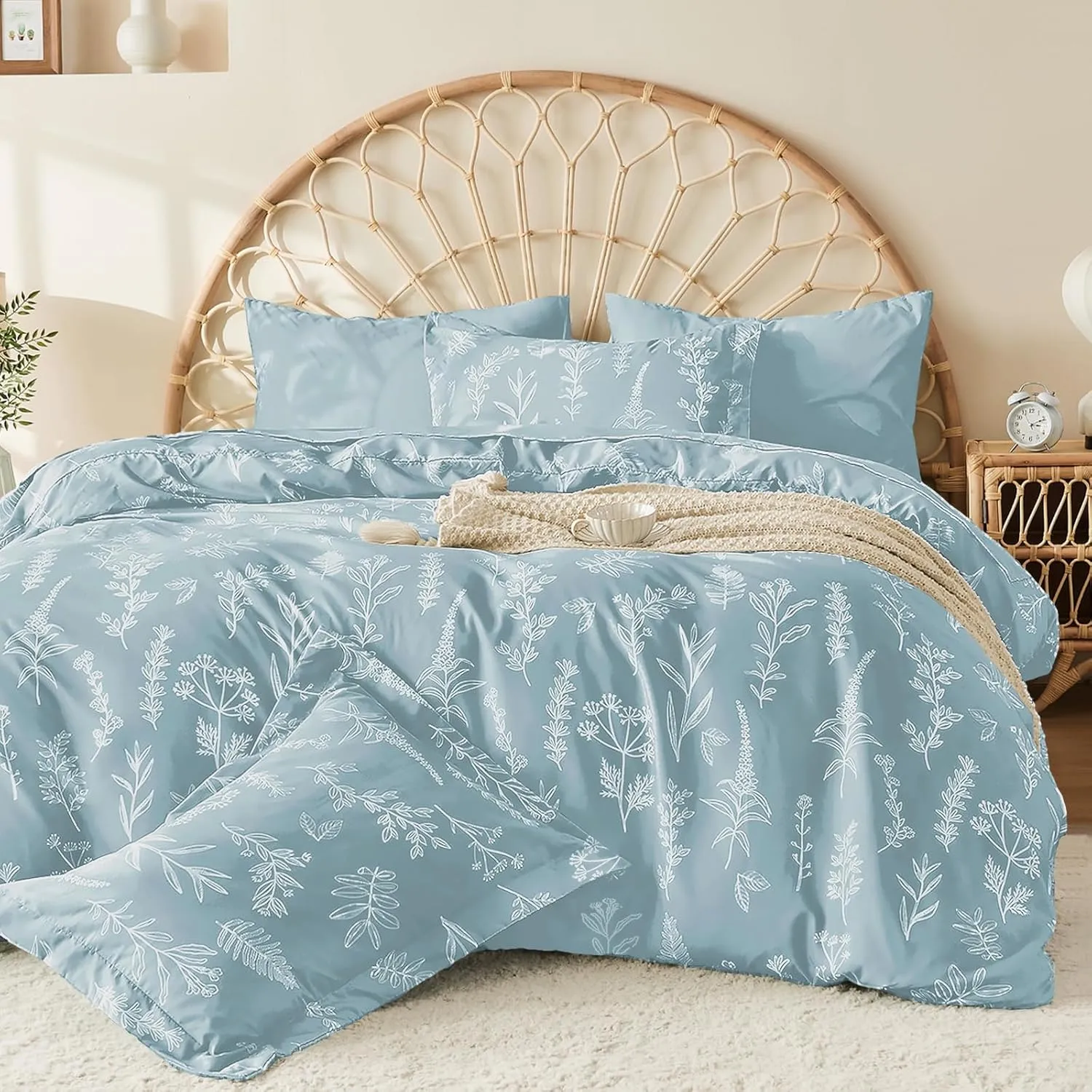 MUXHOMO Mineral Blue Full Comforter Set, Elegant Floral Print Bed in a Bag 7 Pieces, Ultra Soft & Breathable Reversible Botanical Pattern Bedding Set with Comforter, Sheets, Pillowcases, and Shams