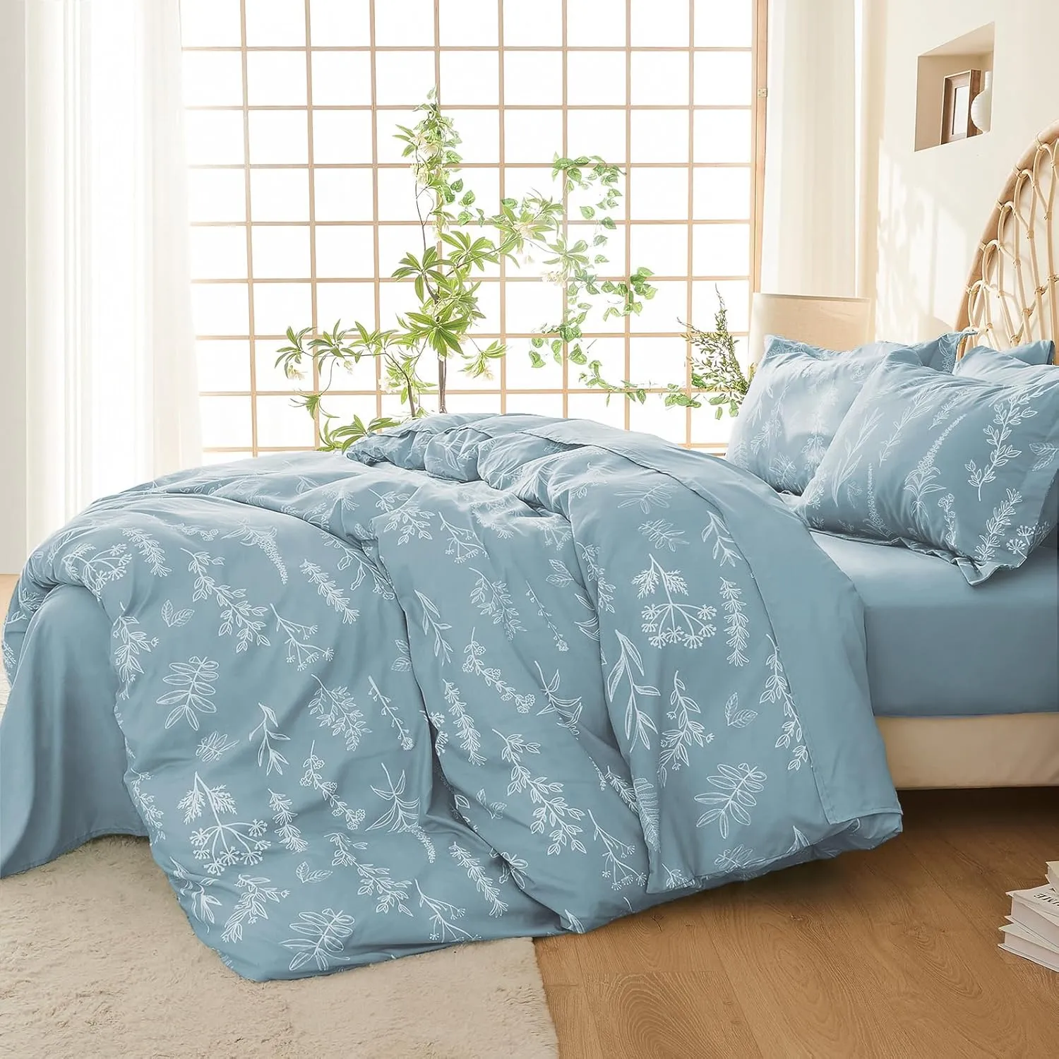 MUXHOMO Mineral Blue Full Comforter Set, Elegant Floral Print Bed in a Bag 7 Pieces, Ultra Soft & Breathable Reversible Botanical Pattern Bedding Set with Comforter, Sheets, Pillowcases, and Shams