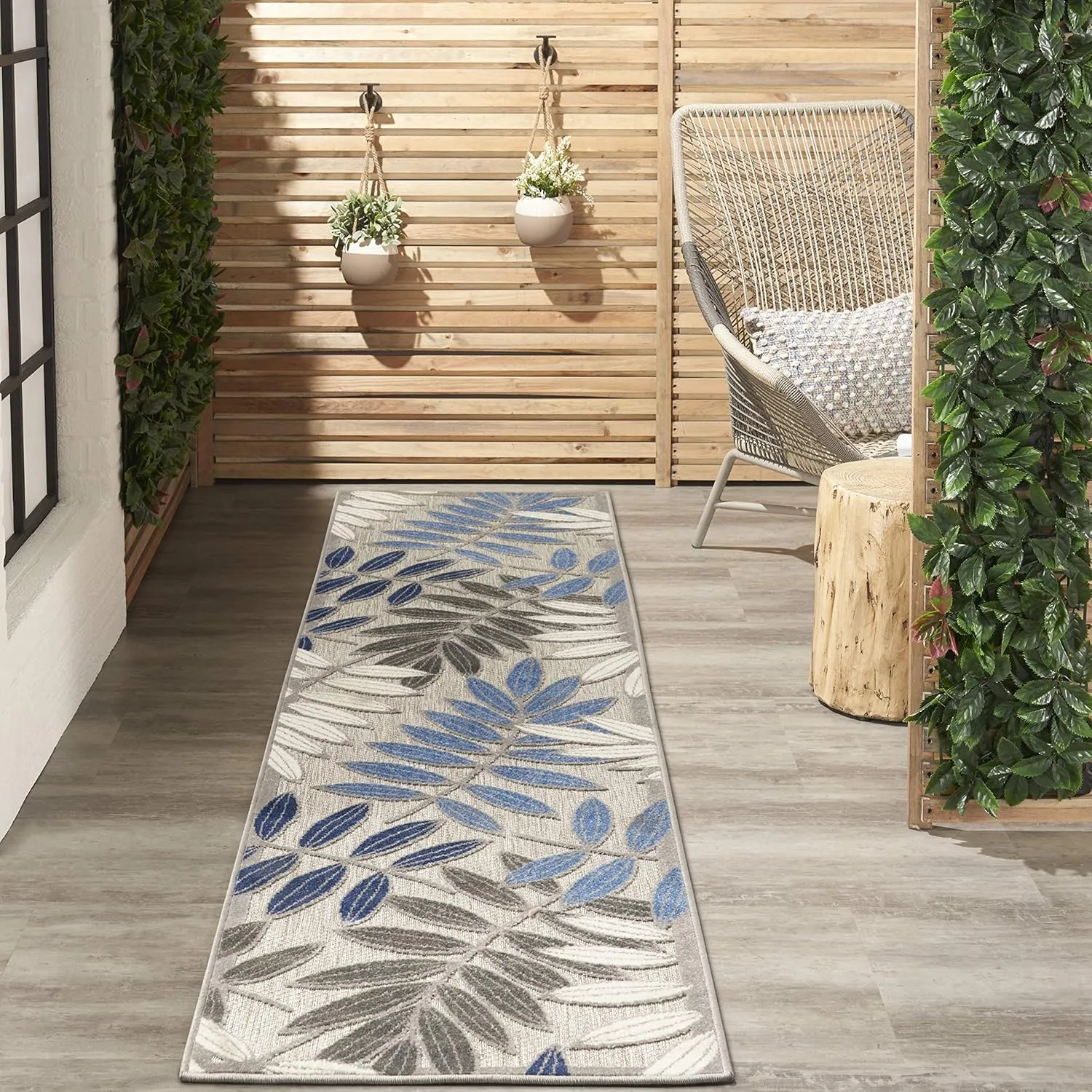 Nourison Aloha Indoor/Outdoor Grey/Blue 2'3" x 8' Area Rug, Easy Cleaning, Non Shedding, Bed Room, Living Room, Dining Room, Backyard, Deck, Patio (2x8)