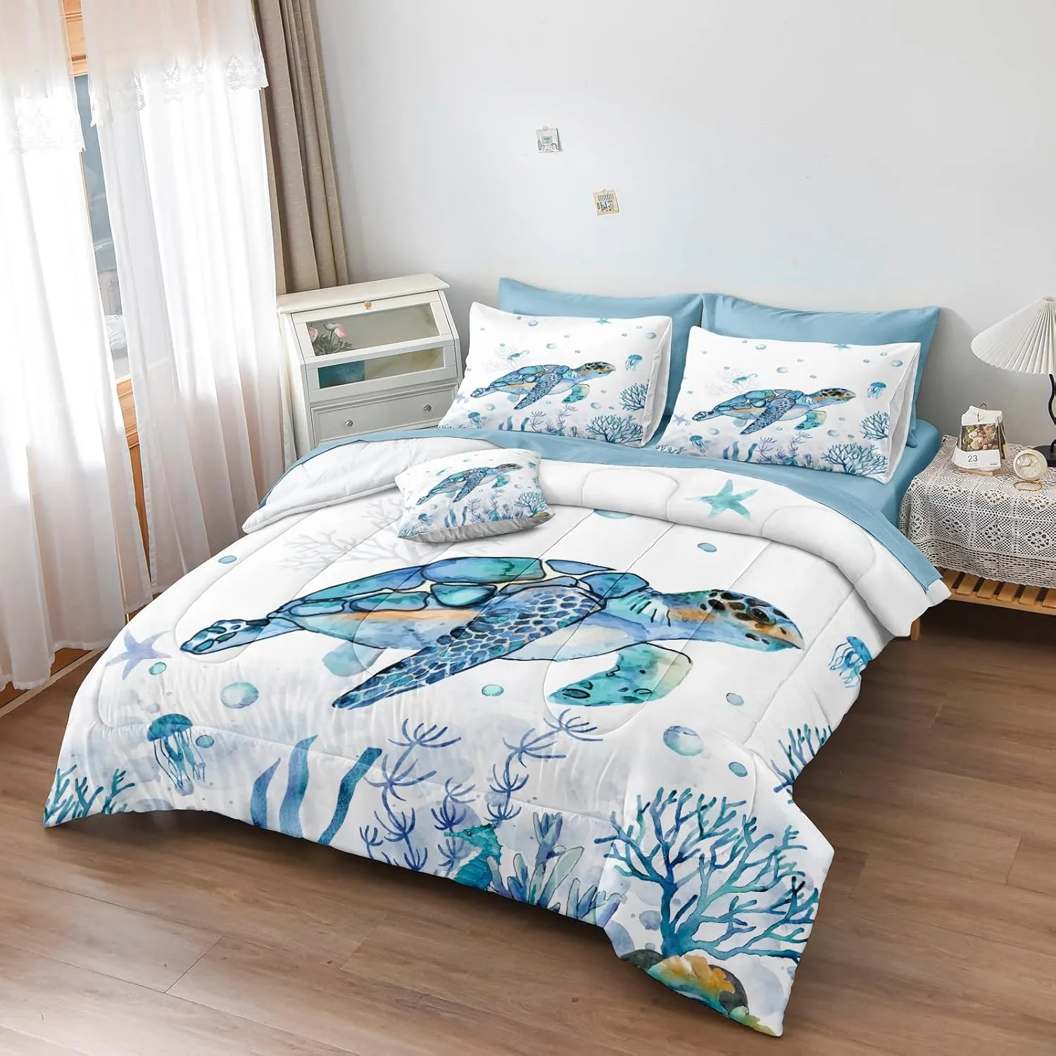 Ocean Themed Bedding Sets - 8 Pieces Queen Bed in A Bag - Teal Blue Turtle & Sea Horse Animal Cartoon Pattern Beach Coastal Bedding Comforter