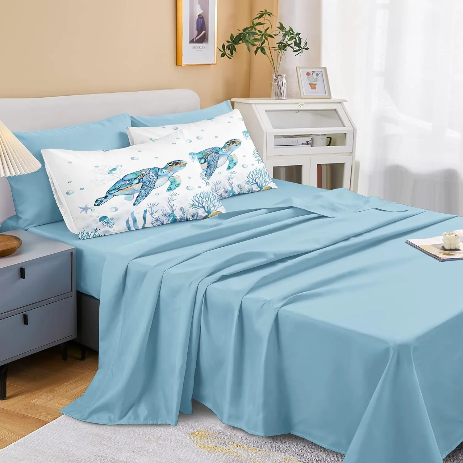 Ocean Themed Bedding Sets - 8 Pieces Queen Bed in A Bag - Teal Blue Turtle & Sea Horse Animal Cartoon Pattern Beach Coastal Bedding Comforter