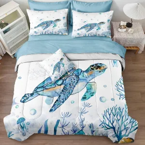 Ocean Themed Bedding Sets - 8 Pieces Queen Bed in A Bag - Teal Blue Turtle & Sea Horse Animal Cartoon Pattern Beach Coastal Bedding Comforter