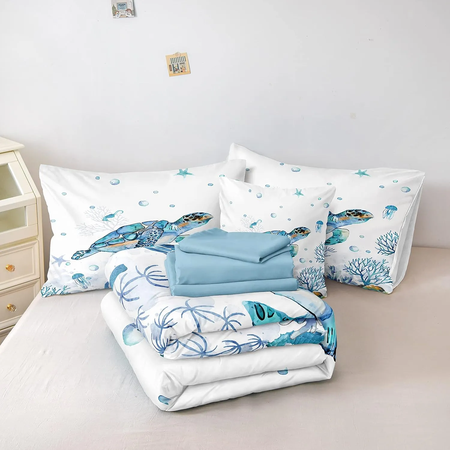 Ocean Themed Bedding Sets - 8 Pieces Queen Bed in A Bag - Teal Blue Turtle & Sea Horse Animal Cartoon Pattern Beach Coastal Bedding Comforter