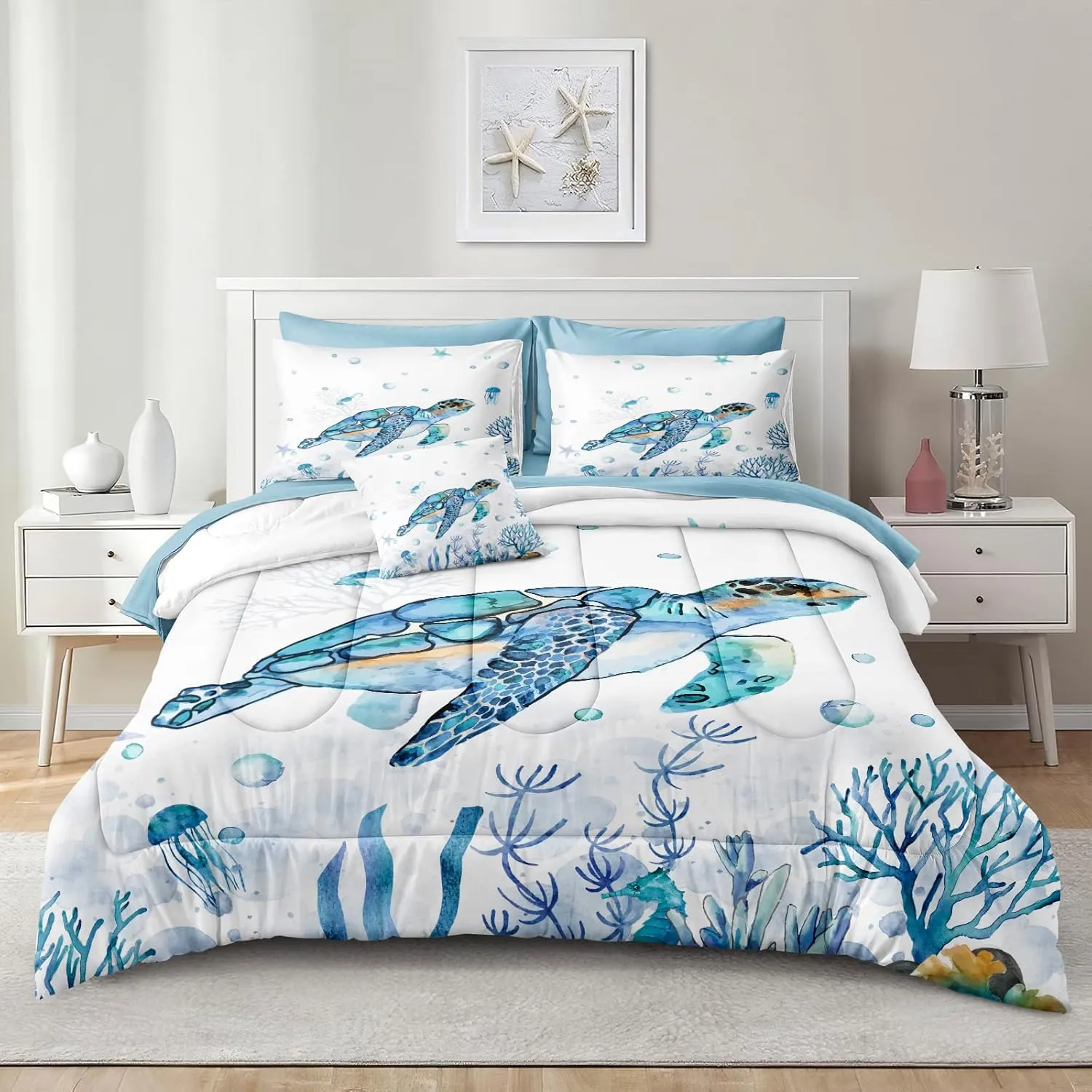 Ocean Themed Bedding Sets - 8 Pieces Queen Bed in A Bag - Teal Blue Turtle & Sea Horse Animal Cartoon Pattern Beach Coastal Bedding Comforter