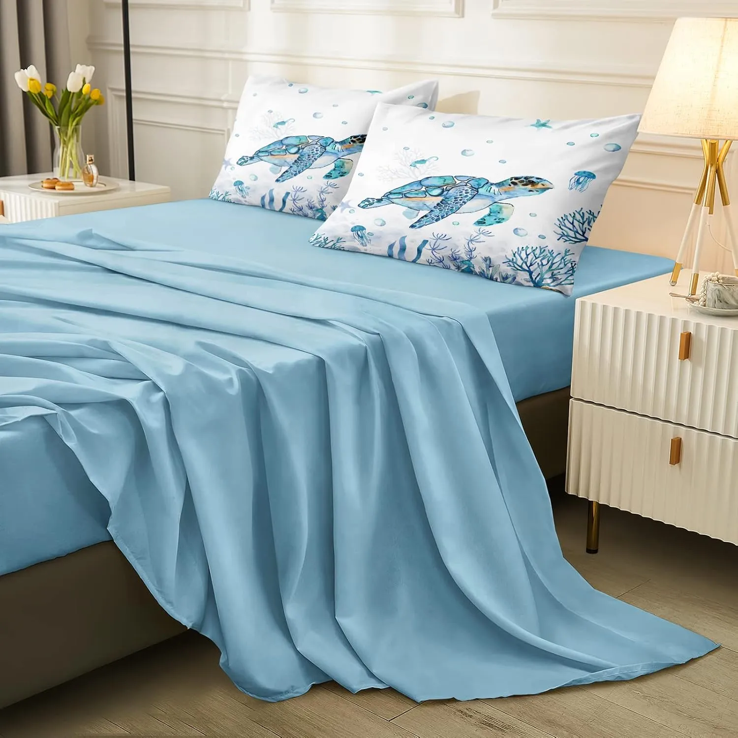 Ocean Themed Bedding Sets - 8 Pieces Queen Bed in A Bag - Teal Blue Turtle & Sea Horse Animal Cartoon Pattern Beach Coastal Bedding Comforter
