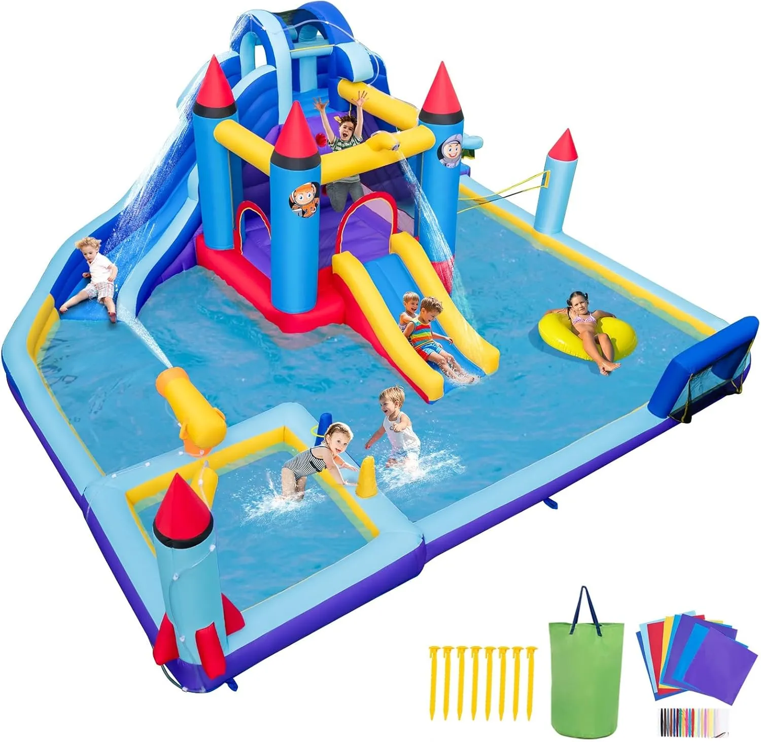 OLAKIDS Inflatable Water Slide, 10 in 1 Rocket Theme Bounce House Water Park with 2 Slides Splash Pool Volleyball Soccer Gate, Outdoor Inflatable Obstacle Course for Kids Backyard (Without 950W)