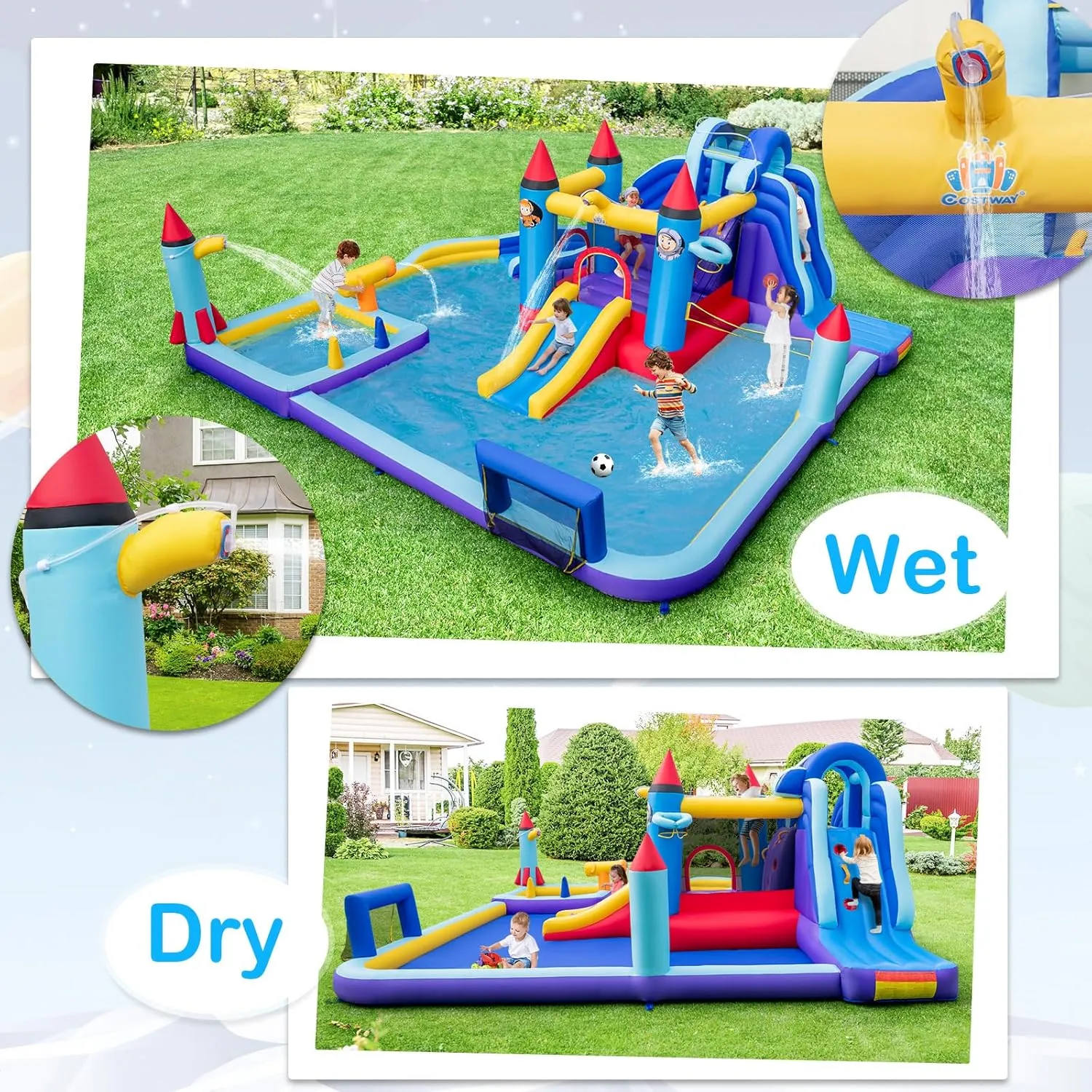 OLAKIDS Inflatable Water Slide, 10 in 1 Rocket Theme Bounce House Water Park with 2 Slides Splash Pool Volleyball Soccer Gate, Outdoor Inflatable Obstacle Course for Kids Backyard (Without 950W)