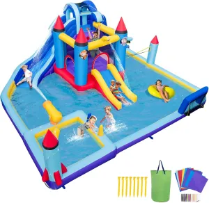 OLAKIDS Inflatable Water Slide, 10 in 1 Rocket Theme Bounce House Water Park with 2 Slides Splash Pool Volleyball Soccer Gate, Outdoor Inflatable Obstacle Course for Kids Backyard (Without 950W)