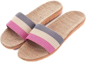 Open Toe Slipper Slideshome Striped Linen Shower Slippers Women Indoor Floor Non-Slip Beach Slides Flat Shoes Girls-C_9_Us (C 7 US)