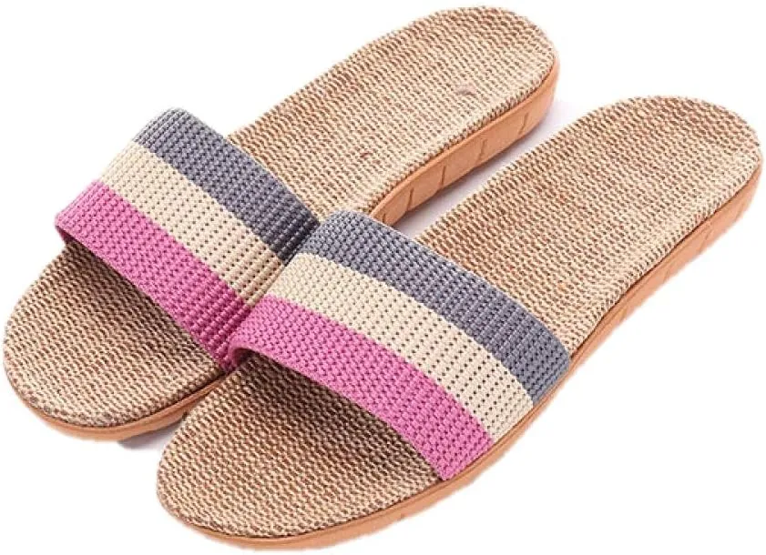 Open Toe Slipper Slideshome Striped Linen Shower Slippers Women Indoor Floor Non-Slip Beach Slides Flat Shoes Girls-C_9_Us (C 7 US)