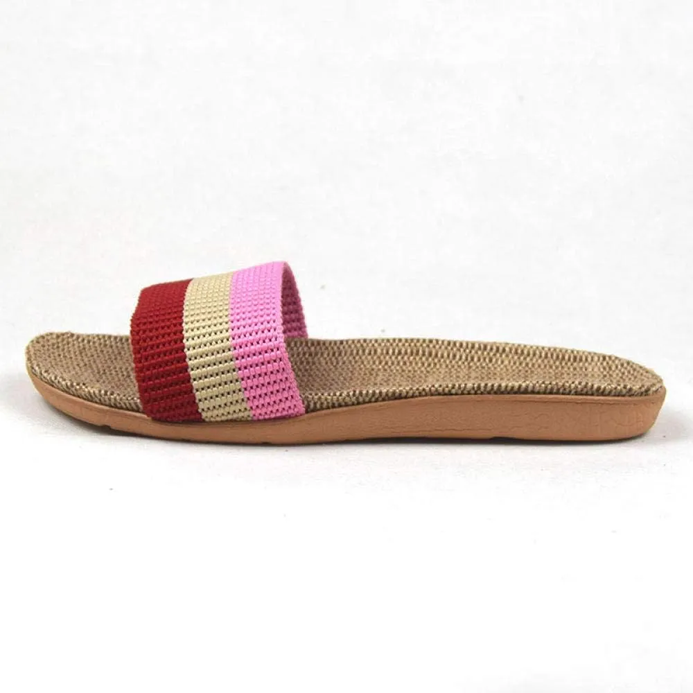 Open Toe Slipper Slideshome Striped Linen Shower Slippers Women Indoor Floor Non-Slip Beach Slides Flat Shoes Girls-C_9_Us (C 7 US)
