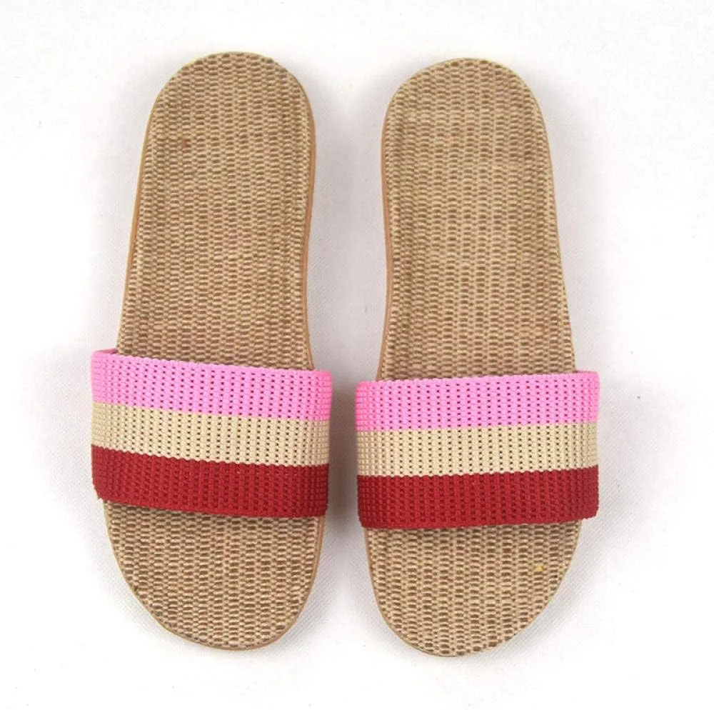 Open Toe Slipper Slideshome Striped Linen Shower Slippers Women Indoor Floor Non-Slip Beach Slides Flat Shoes Girls-C_9_Us (C 7 US)