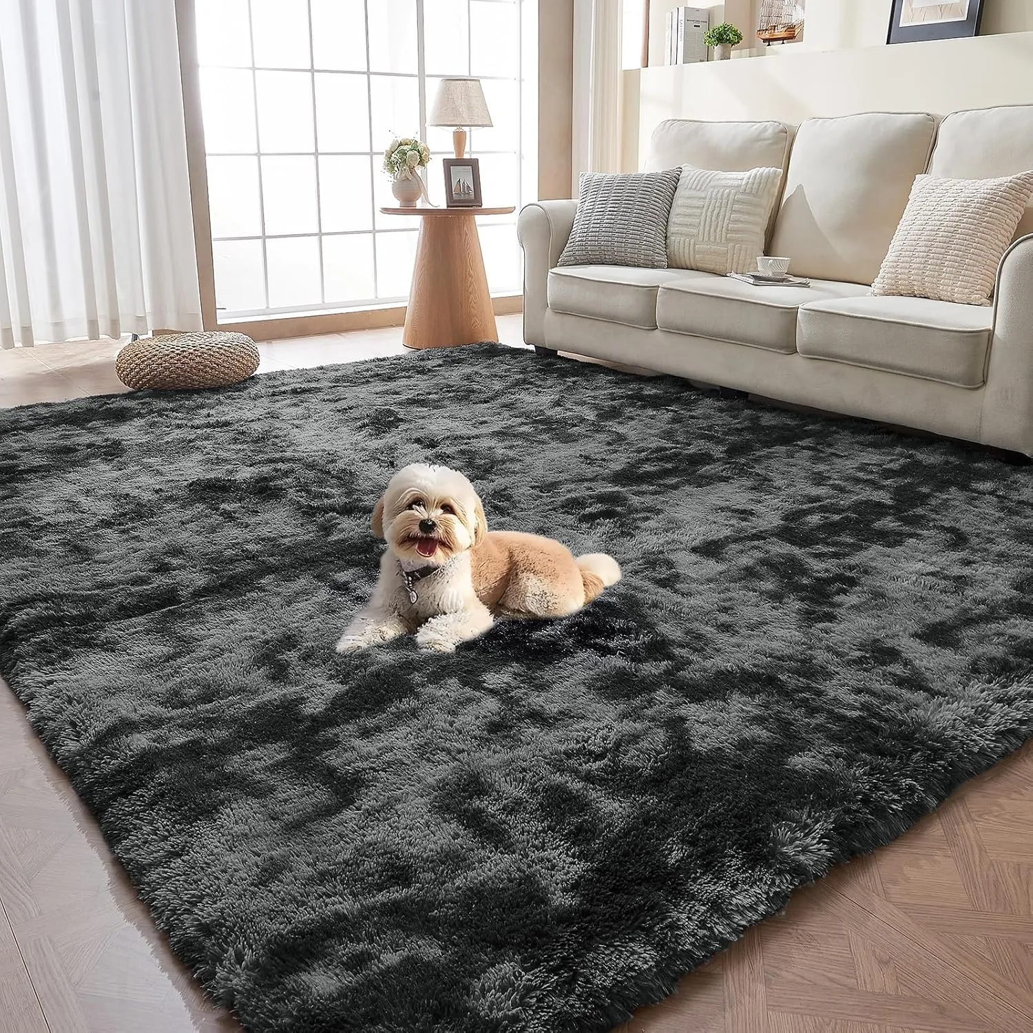 OPPODREAM Area Rug for Living Room, Ultra Soft Nursery Rugs for Bedrooms, 4x6 Fluffy Kids Carpet with 0.6" Thick Non-Slip Backing, Long Pile Shag Carpet, Fuzzy, Shaggy, Tie-dye Black