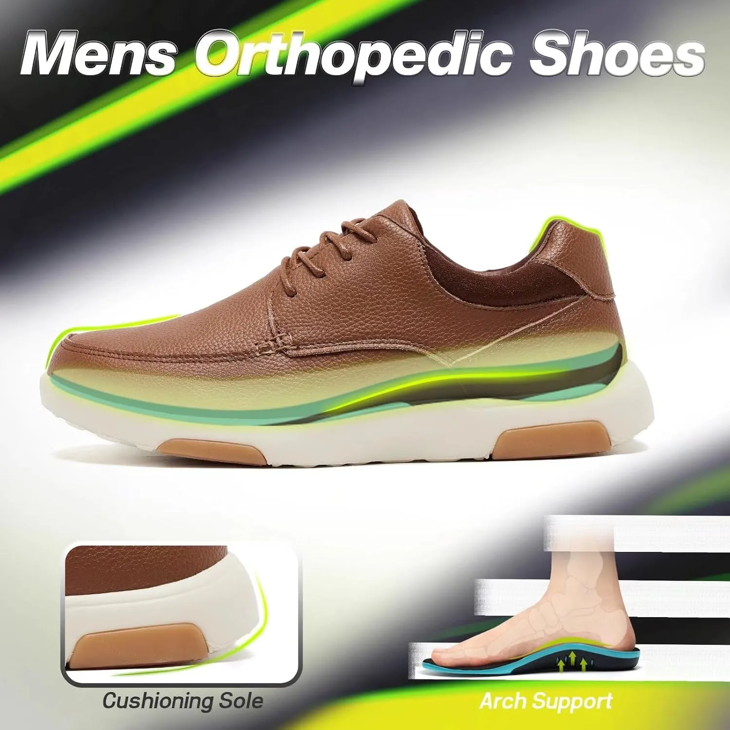 OrthoComfoot Men's Orthopedic Leather Dress Walking Shoes: Comfortable Plantar Fasciitis Fashion Sneakers with Arch Support, Casual Flat Feet Business Work Shoes for Foot and Heel Pain Relief