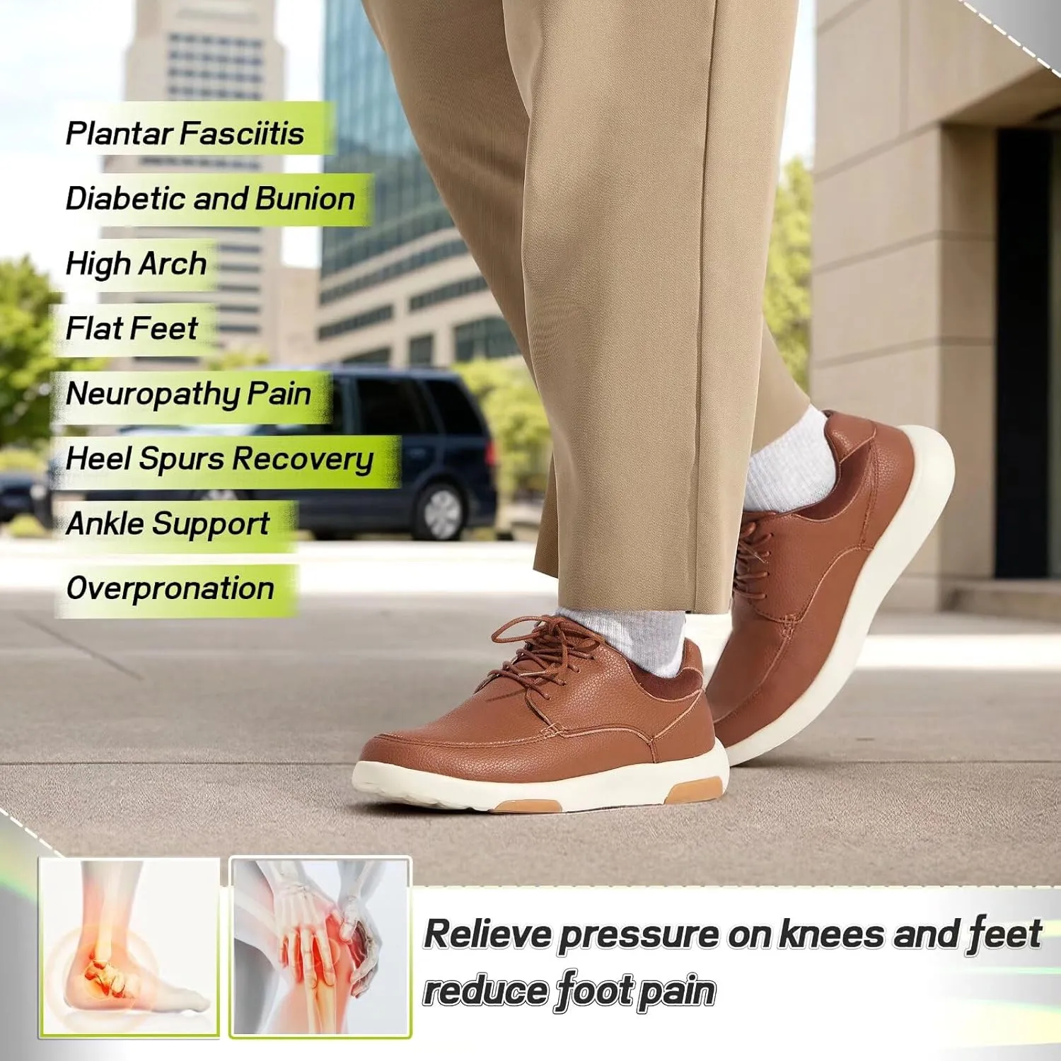 OrthoComfoot Men's Orthopedic Leather Dress Walking Shoes: Comfortable Plantar Fasciitis Fashion Sneakers with Arch Support, Casual Flat Feet Business Work Shoes for Foot and Heel Pain Relief