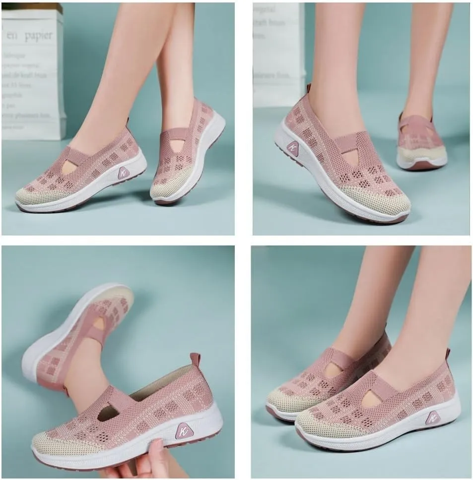 Orthowalkway Womens Shoes,Outdoor Breathable and Comfortable Slip-On Orthopedic Walking Shoes, Soft Knitted Casual Flat Sneakers.