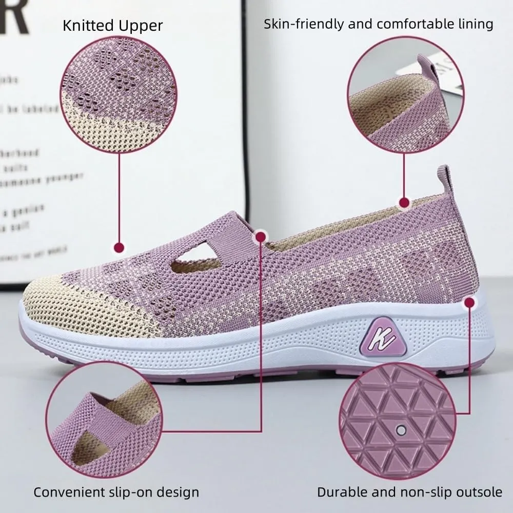 Orthowalkway Womens Shoes,Outdoor Breathable and Comfortable Slip-On Orthopedic Walking Shoes, Soft Knitted Casual Flat Sneakers.