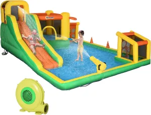 Outsunny 7-in-1 Inflatable Water Slide Kids Bounce House Water Park with Trampoline Pool, Carry Bag 450W Air Blower