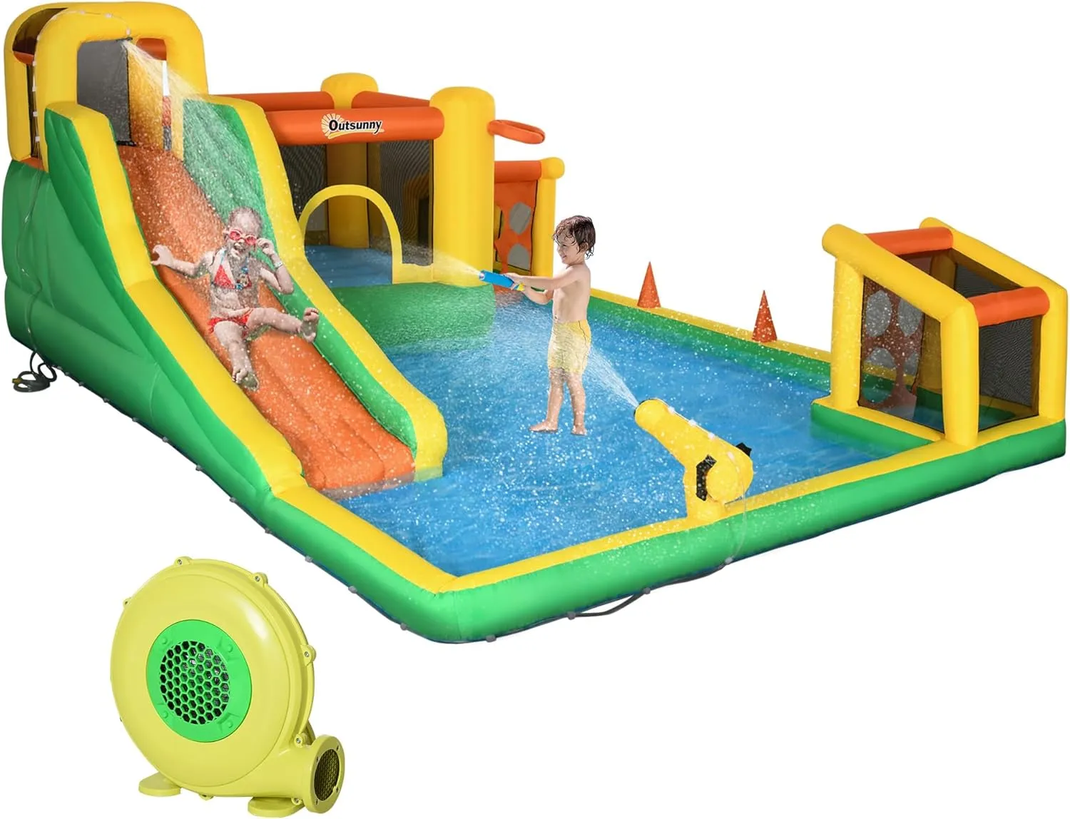 Outsunny 7-in-1 Inflatable Water Slide Kids Bounce House Water Park with Trampoline Pool, Carry Bag 450W Air Blower