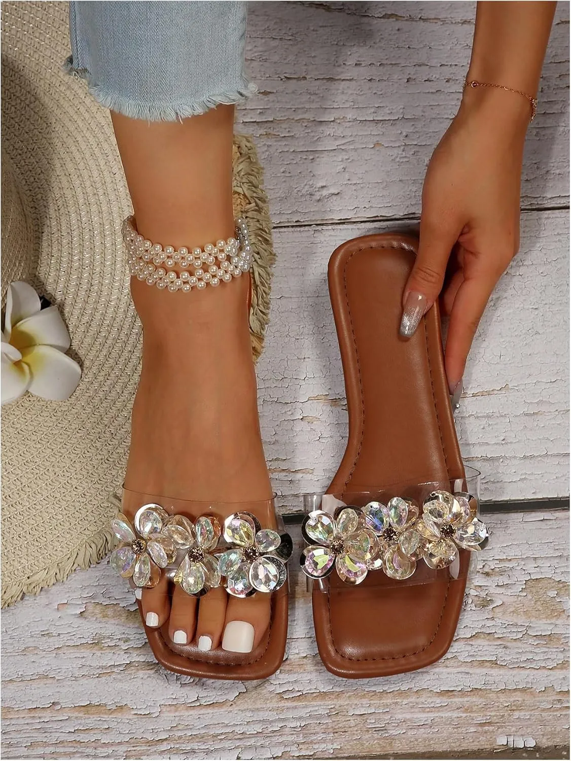 OYOANGLE Women's Rhinestone Flower Decor Clear Strap Sandals Square Toe Flat Sandals