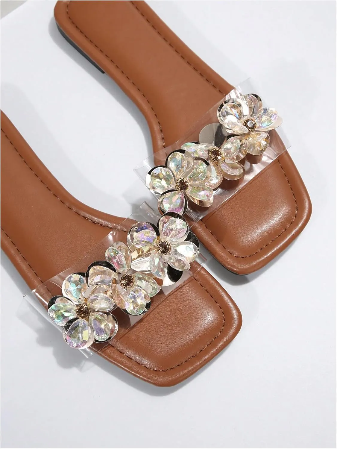 OYOANGLE Women's Rhinestone Flower Decor Clear Strap Sandals Square Toe Flat Sandals